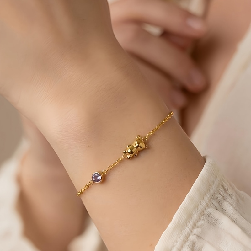 Women's French-Style Bear Charm Bracelet with Black Stone Pendant